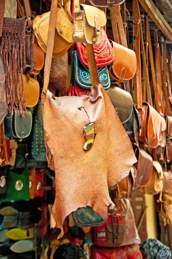 Moroccan Leather Goods Bags in a Row at Market Stock Image - Image of  object, morocco: 59901415