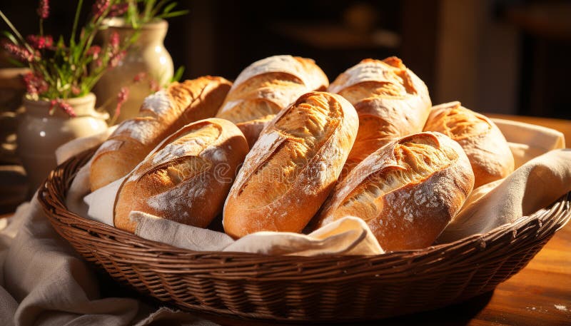 Baguette appena cotta su tavolo di legno una gioia di gourmet generata da ai illustrazione di stock
