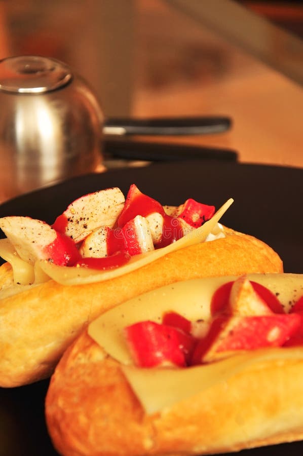 Baguette with crab sticks stock image. Image of pastries 29844277