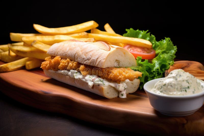Baguette sandwich with fried cod and tartar sauce royalty free stock photo