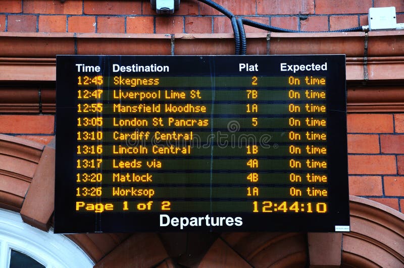 Departure board in the Nottingham railway station, Nottingham, Nottinghamshire, England, UK, Western Europe. Departure board in the Nottingham railway station, Nottingham, Nottinghamshire, England, UK, Western Europe.