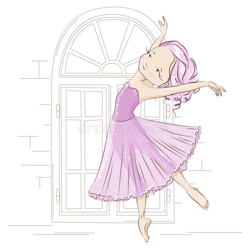 Beautiful ballerina dancing near windows. Graceful little White Swan. She is dancing in light, beautiful pink dress. Hand drawn illustration. Beautiful ballerina dancing near windows. Graceful little White Swan. She is dancing in light, beautiful pink dress. Hand drawn illustration.