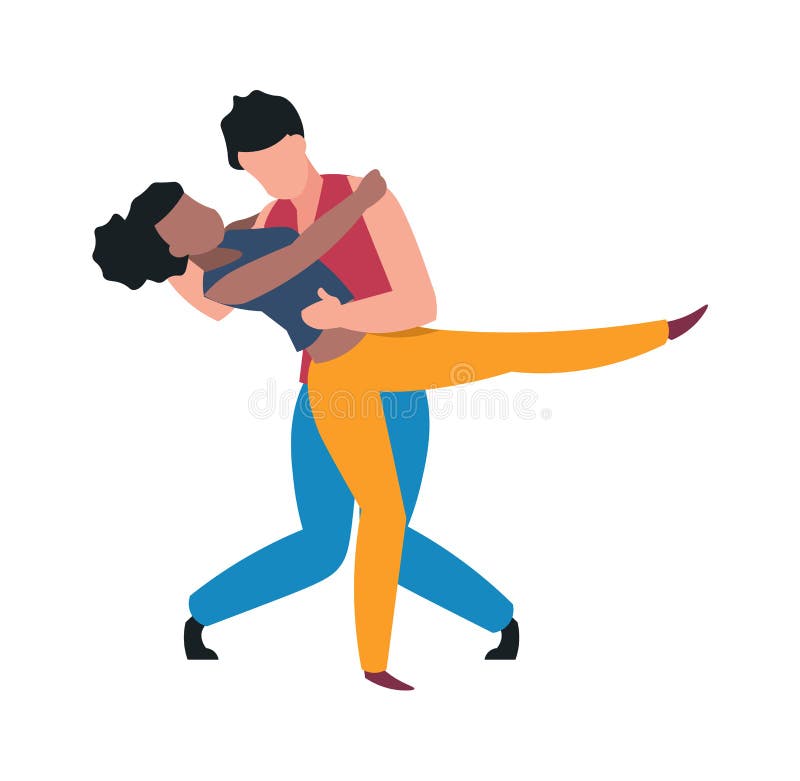  Bailarines. Pareja De Dibujos Animados Bailando Tango. Abrazados Hombre Y Mujer Mudándose a La Música. Movimientos Coreográficos a Ilustración del Vector