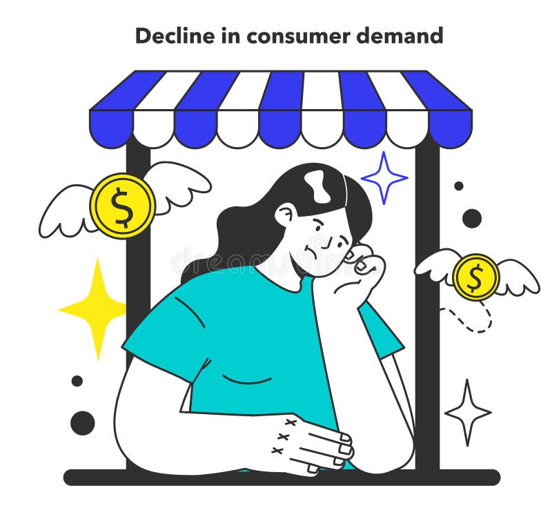 Decline in consumer demand as a negative aspect of high unemployment rate. Problem of occupancy, job offer and workplace shortening. Economy theory. Flat vector illustration. Decline in consumer demand as a negative aspect of high unemployment rate. Problem of occupancy, job offer and workplace shortening. Economy theory. Flat vector illustration