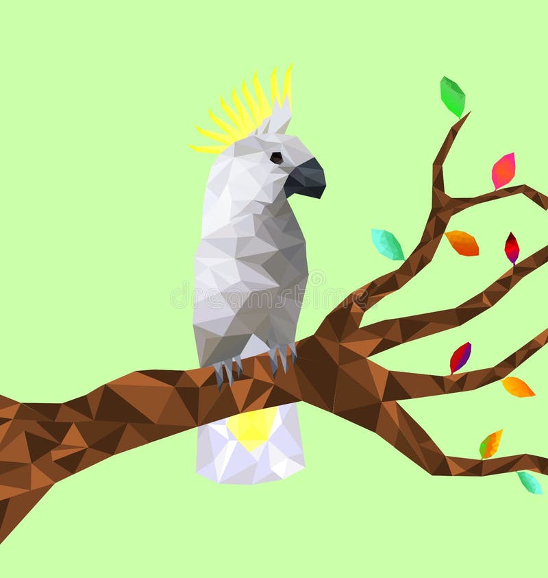 Baixo pássaro colorido poli da cacatua com a árvore na terra traseira, pássaros nos ramos, conceito geométrico animal, vetor ilustração stock Baixo pássaro colorido poli da cacatua com a árvore na terra traseira, pássaros nos ramos, conceito geométrico animal, vetor ilustração stock