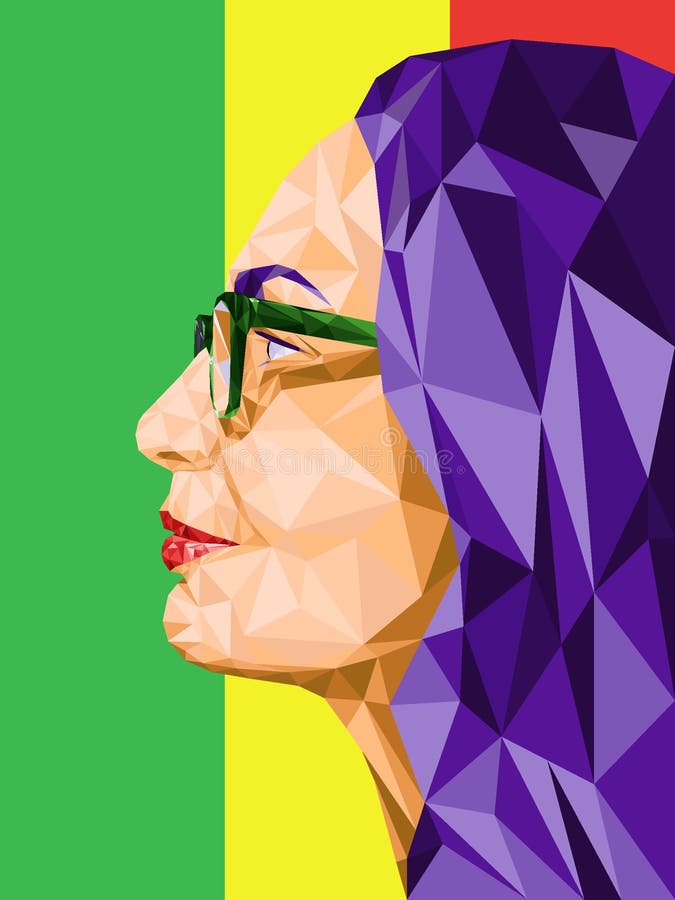 Baixo retrato abstrato poli no perfil de vidros vestindo de uma mulher Em um fundo de três cores: vermelho, verde, amarelo Vetor ilustração do vetor Baixo retrato abstrato poli no perfil de vidros vestindo de uma mulher Em um fundo de três cores: vermelho, verde, amarelo Vetor ilustração do vetor
