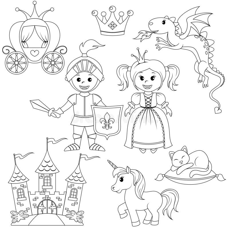 Bajki princess, rycerz, kasztel, fracht, jednorożec, korona, smok, kot i motyl, royalty ilustracja Bajki princess, rycerz, kasztel, fracht, jednorożec, korona, smok, kot i motyl, royalty ilustracja
