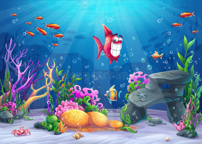 Undersea with fish. Marine Life Landscape - the ocean and the underwater world with different inhabitants. For design websites and mobile phones, printing. Undersea with fish. Marine Life Landscape - the ocean and the underwater world with different inhabitants. For design websites and mobile phones, printing.