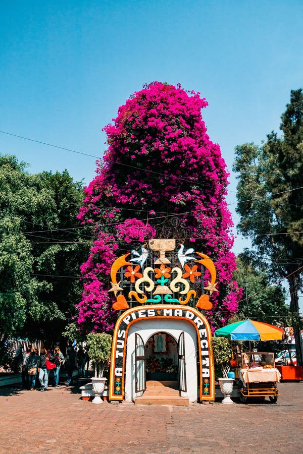 Bajo ángulo vertical de un altar colorido en la ciudad de xochimilco cdmx méxico fotos de archivo