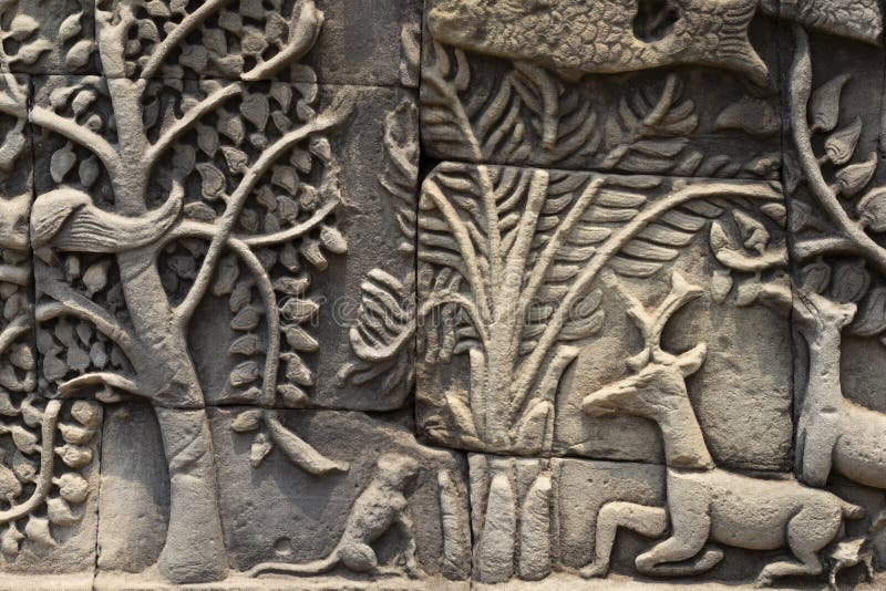Bajorrelieve tallado piedra del templo antiguo en Angkor Wat Primer del bajorrelieve del árbol y de los ciervos Templo complejo d. Bajorrelieve tallado piedra del templo antiguo en Angkor Wat Primer del bajorrelieve del árbol y de los ciervos Detalle complejo de la arquitectura del templo de Angkor Wat Bayon Foto del viaje de Asia Turismo que hace turismo en Camboya