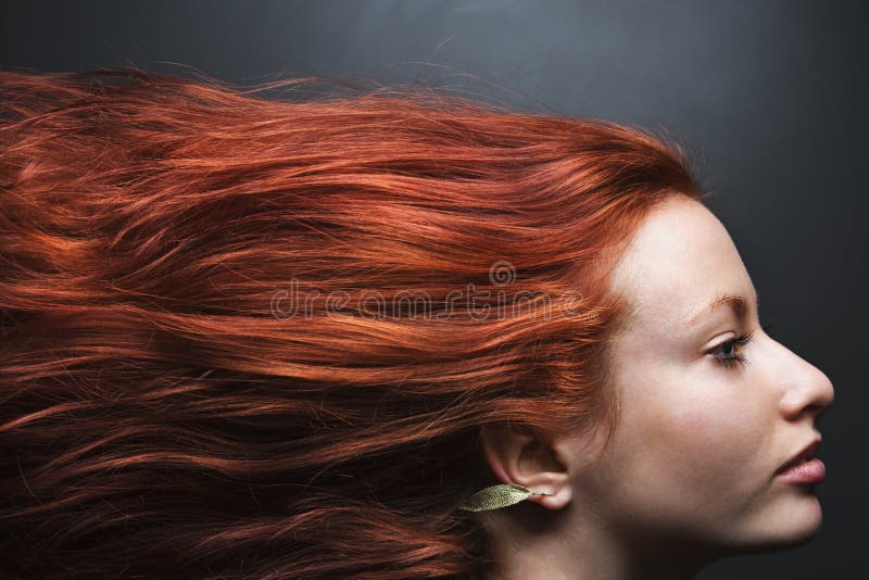 Pretty redhead young woman profile with hair streaming out behind her. Pretty redhead young woman profile with hair streaming out behind her.