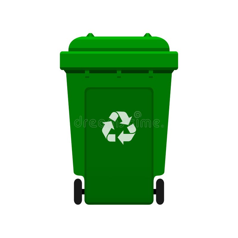 Bak, Kringloop plastic groene die wheeliebak voor afval op witte achtergrond, Groene bak met kringloopafvalsymbool wordt geïsole royalty-vrije illustratie Bak, Kringloop plastic groene die wheeliebak voor afval op witte achtergrond, Groene bak met kringloopafvalsymbool wordt geïsole royalty-vrije illustratie
