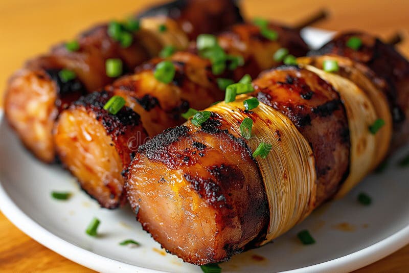 Bakade kielbasa-korvbitar inslagna i lök som garnerats med gröna flisor som visar ett utsökt charmigt utseende. Perfekt vektor illustrationer