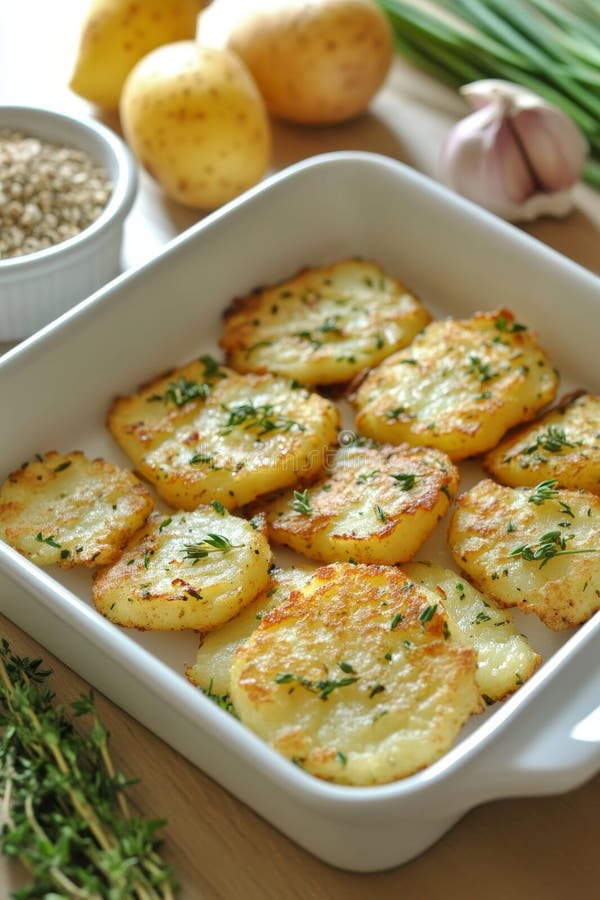 Bakade potatissskivor med örter och vitlök på en vit bakgrund, klar kulinarisk daggfisk vektor illustrationer