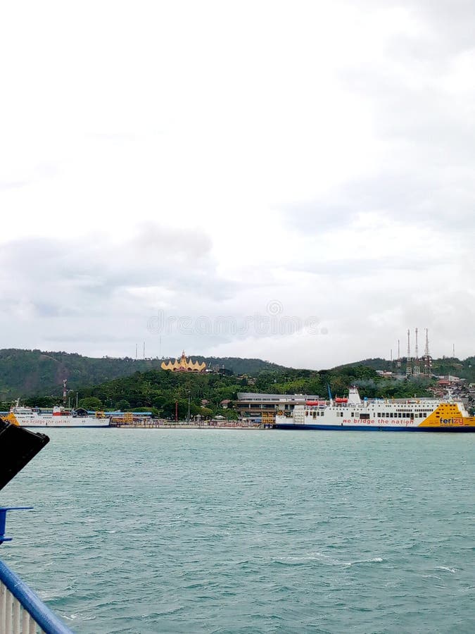 Bakauheni harbor and Siger Tower royalty free stock image