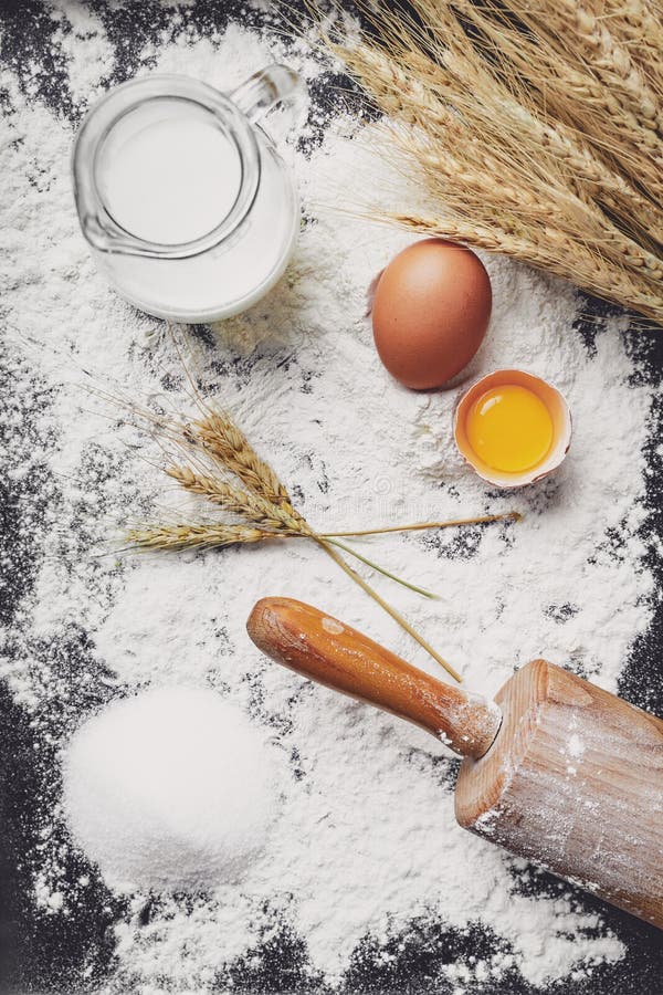 Bake dough recipe ingredients eggs, flour, milk, butter, sugar