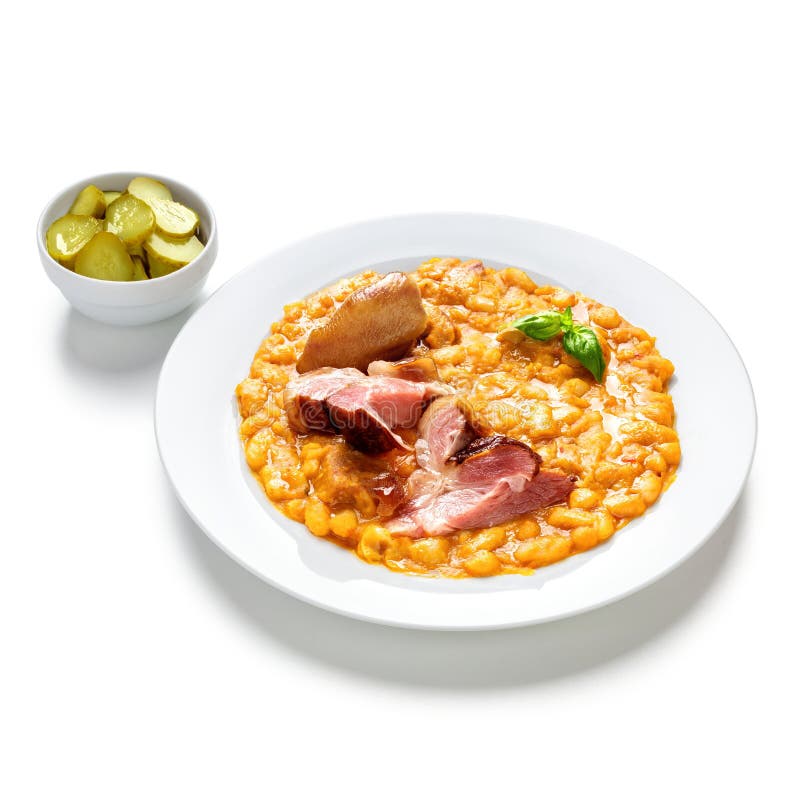 Baked Beans with Pork and Pickled Cucumbers Stock Image Image of