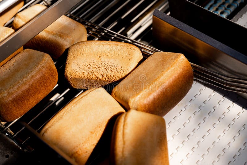 Baked Breads on Automatic Production Line Bakery from Hot Oven Stock Image Image of loaf