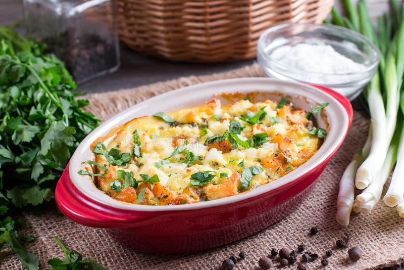 Baked Casserole with a Pumpkin on a Wooden Background Stock Image ...