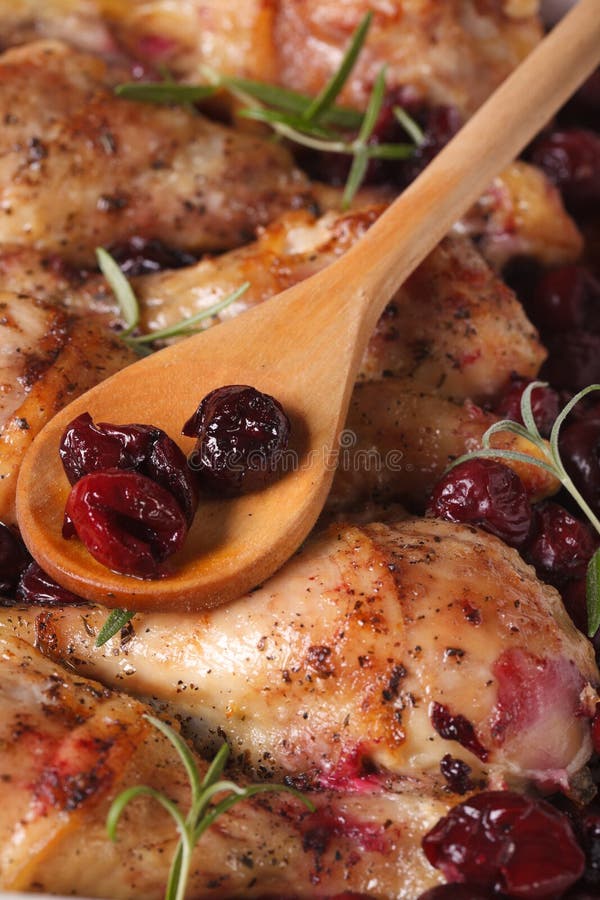 Baked Chicken Leg with Cherry Macro. Vertical Stock Photo Image of meal, food 56104836
