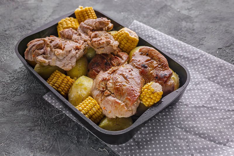 Baked Chicken Meat with Potatoes and Corn. White Diet Meat Stock Image