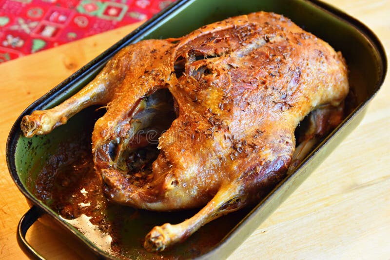 Baked duck. Traditional Czech delicious dishes from meat, cabbage and dumplings. Lunch on a festive day during Christmas.