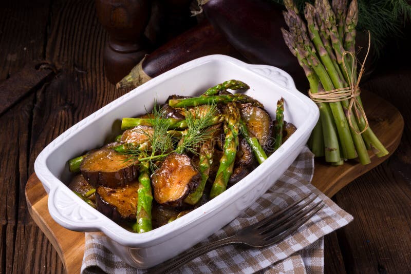 Baked Eggplant with Green Asparagus Stock Photo Image of fresh, diet
