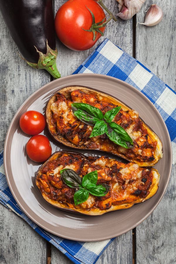 Baked Eggplant with Pieces of Chicken Stock Photo Image of sauce