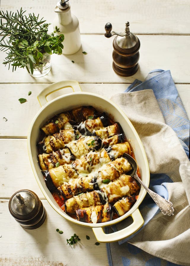 Baked Eggplant with Tomato Sauce and Herbs. Stock Photo Image of