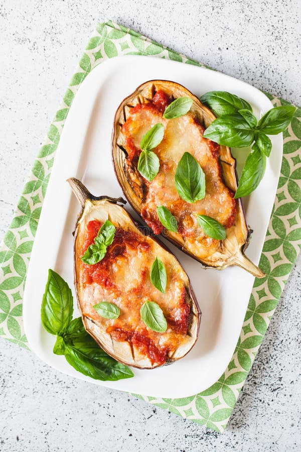 Baked Eggplant with Tomatoes and Mozzarella and Basil Stock Image
