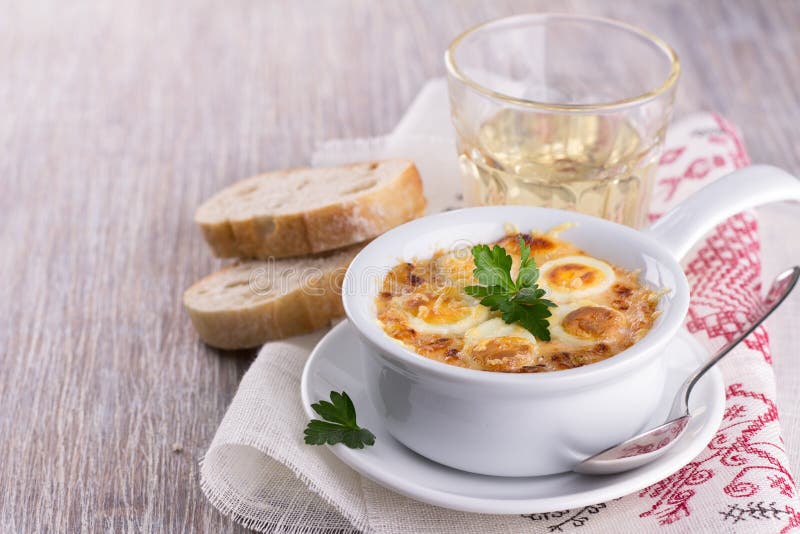 Baked Eggs with Cheese Sauce Stock Image Image of bread, cheese 51983909
