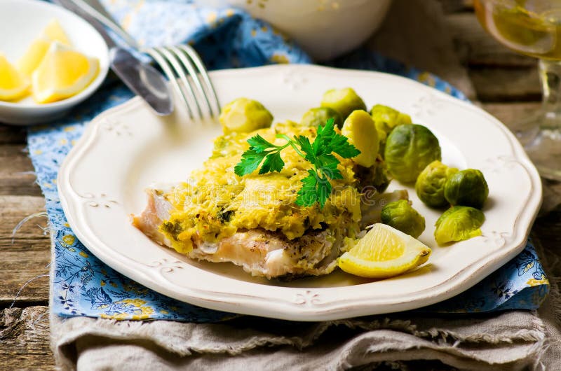 The Baked Fish Fillet with Brussel Cabbage Stock Photo Image of