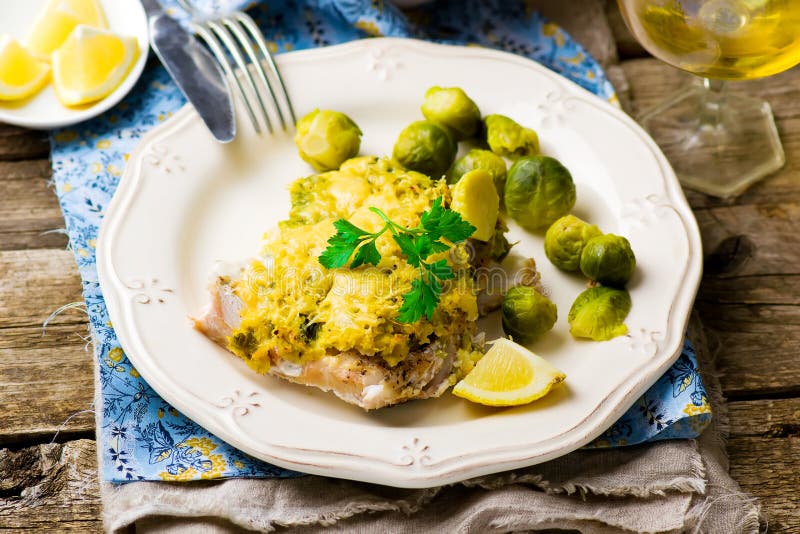 The Baked Fish Fillet with Brussel Cabbage Stock Image Image of fresh