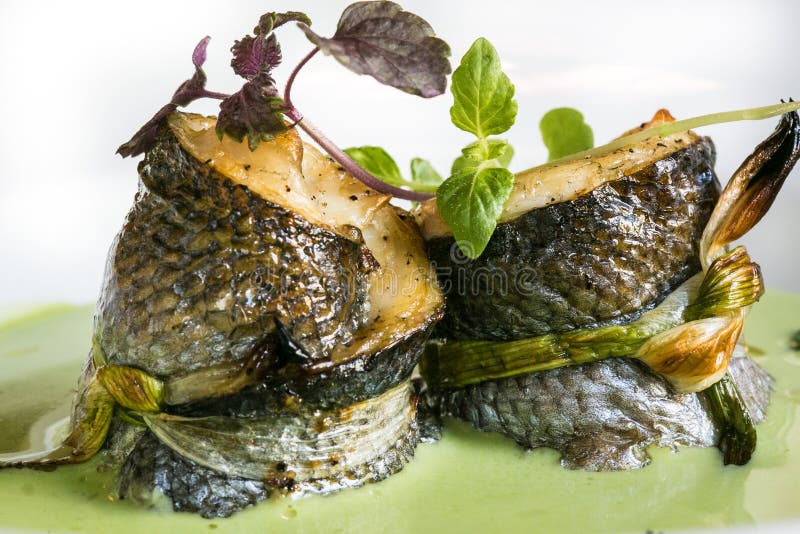 Baked Fish in green sauce stock photo. Image of healthy 77732732