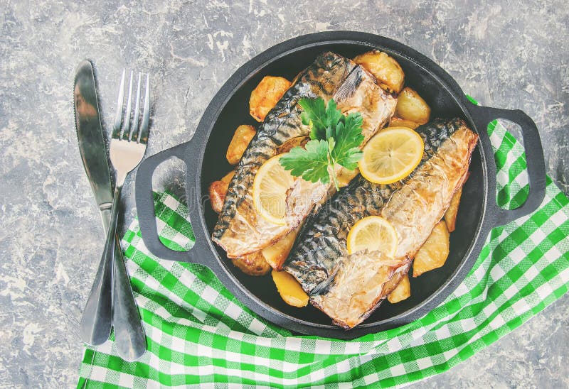 Baked Fish Mackerel and Potatoes. Selective Focus Stock Image Image