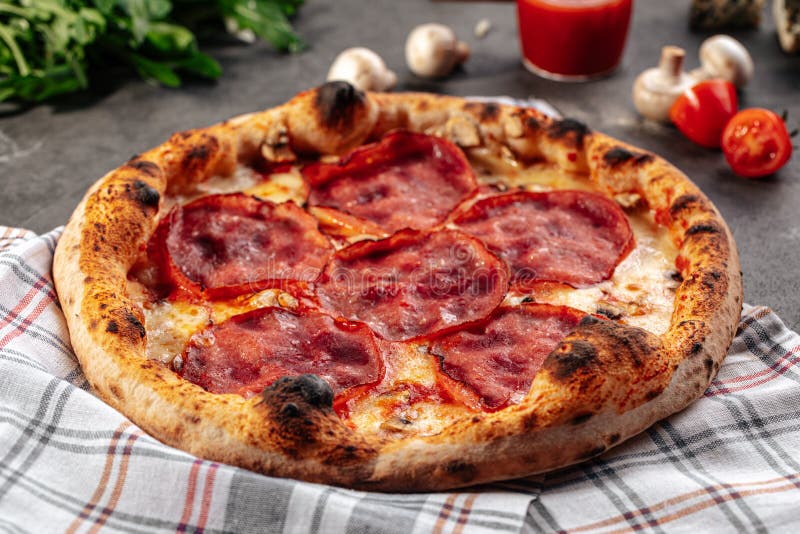 Baked Ham Pizza on the Decorated Grey Background Stock Photo Image of dish, apeptizing 213871330