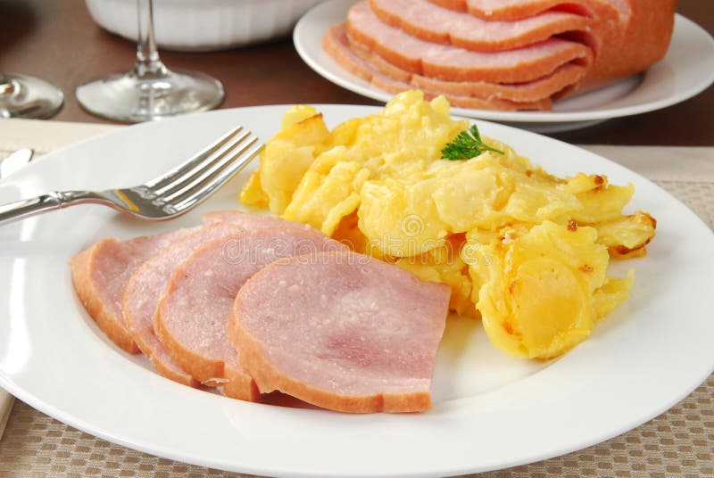 Baked ham and potatoes stock photo. Image of plate, cheddar - 17128854