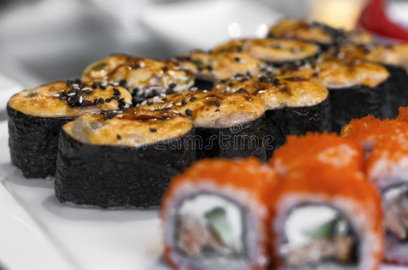 Baked Japanese sushi rolls royalty free stock photos Baked Japanese sushi rolls royalty free stock photos