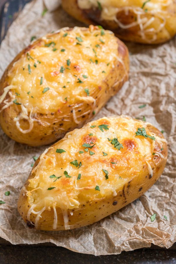 Baked Loaded Potato with Bacon, Cheese and Onion Stock Image - Image of