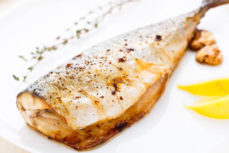 Baked mackerel stock image. Image of spice, thyme, plate 35707591