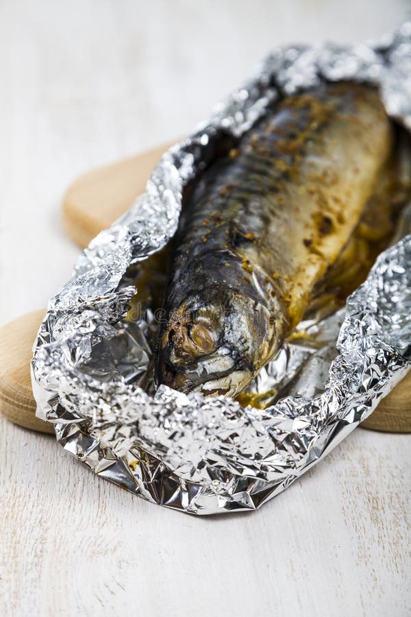Baked Mackerel on the Foil Closeup. Stock Image Image of dinner, silver 82404613