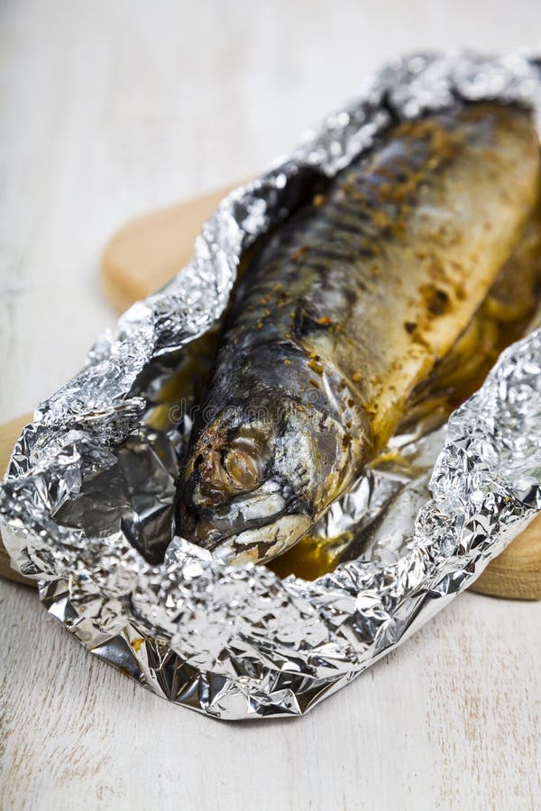 Baked Mackerel on the Foil Closeup. Stock Photo Image of meat, fish