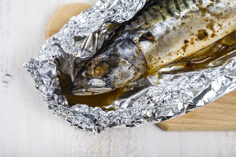 Baked Mackerel on the Foil Closeup. Stock Photo Image of gourmet