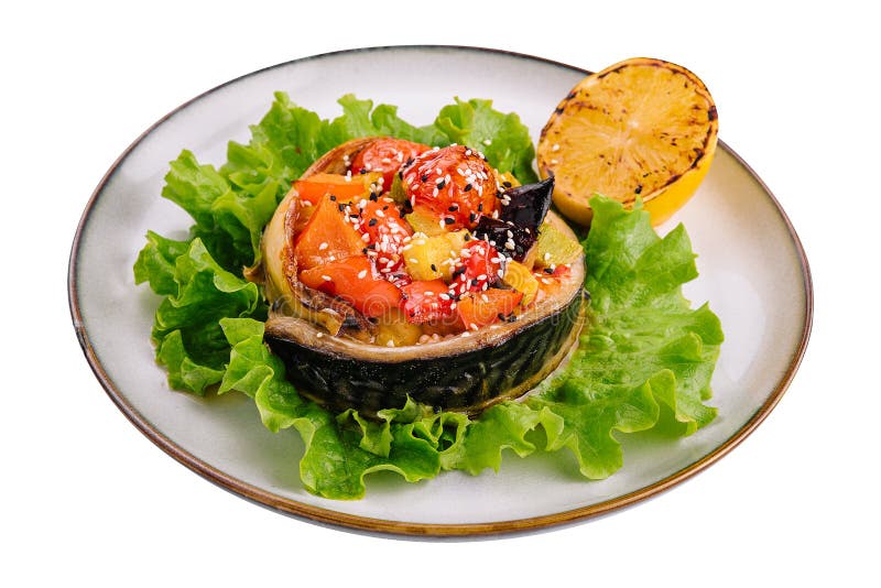 Baked Mackerel with Sesame and Lemon and Vegetables Stock Photo Image