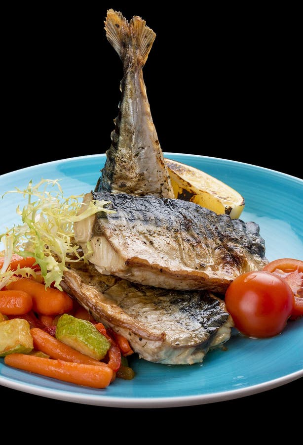 Baked Mackerel with Steamed Vegetables Stock Photo Image of delicious