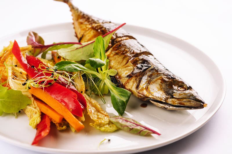Baked Mackerel with Steamed Vegetables Stock Photo Image of food