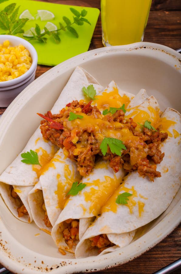 Baked Meat Tortilla with Cheddar Cheese Stock Photo Image of dish