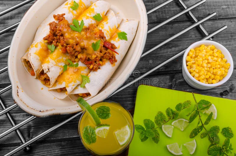 Baked Meat Tortilla with Cheddar Cheese Stock Image Image of corn