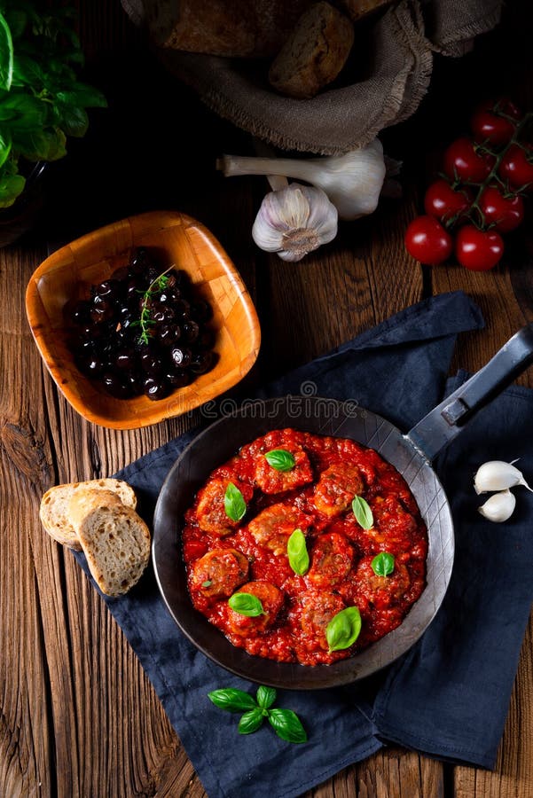 Baked Mini Meatballs in Tomato Sauce with Basil Stock Photo Image of
