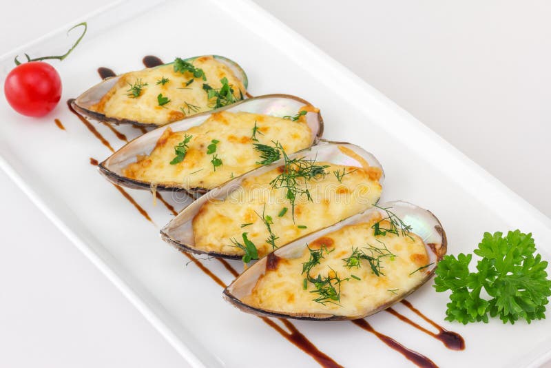 Baked Mussels Under Cream Cheese Sauce, Garnished With Dill Stock Image Image 37874921